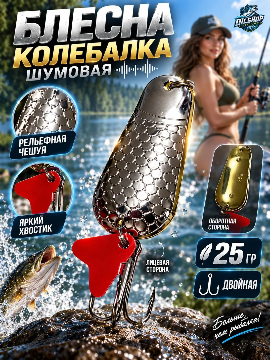 Блесна колеблющаяся двойная шумовая на щуку, судака 25гр